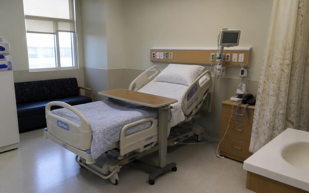 Adjustable hospital patient bed in a clean ward
