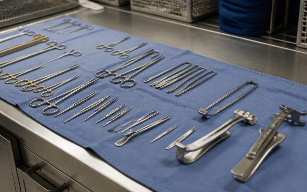 Precision stainless steel surgical instruments on a sterile tray