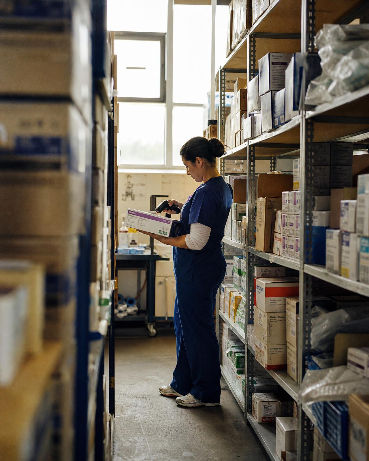 Warehouse associate scanning a carton of sterile medical supplies in a stocked distribution aisle