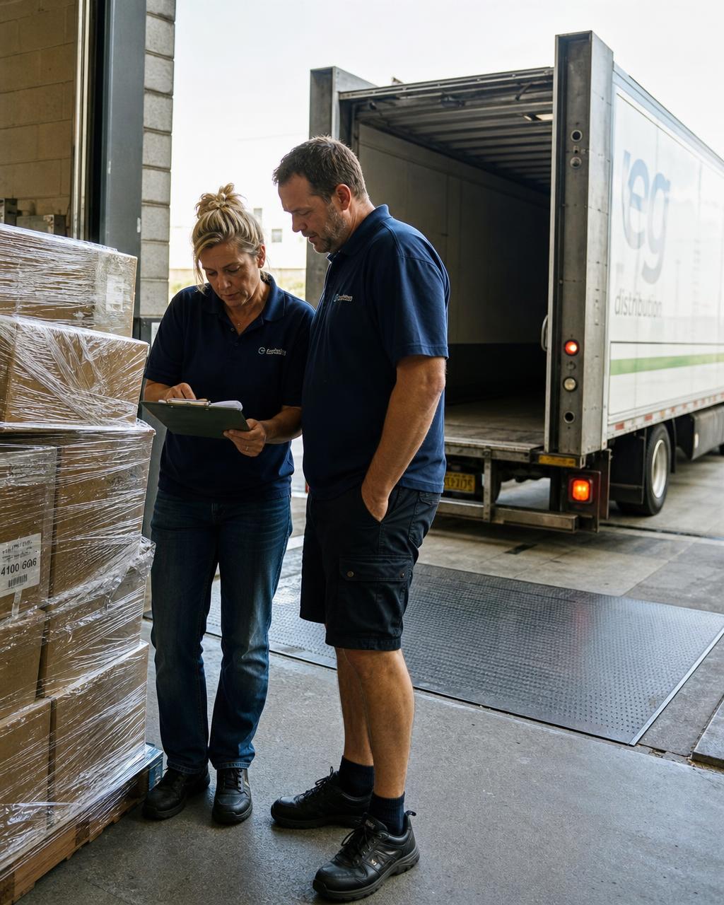 Two Maktor logistics staff reviewing a packing list beside wrapped pallets at the loading dock